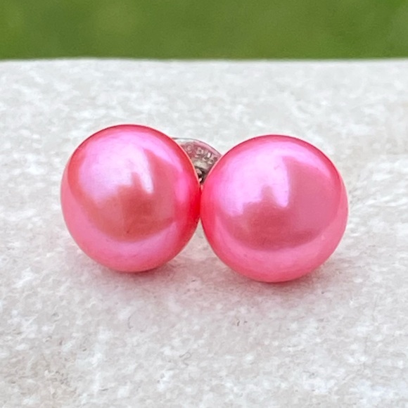Cultured Pink Pearl earrings .925 Sterling Silver 8mm Pearls - Picture 5 of 9